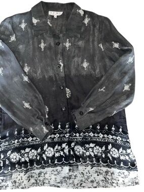 Vintage Black & Grey Boho Patterned Button Down Tunic Blouse